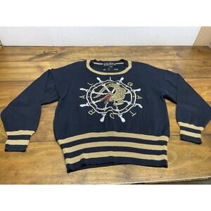 Vintage Escada Size 40 Navy Blue Nautical Alligator Gold Sweater